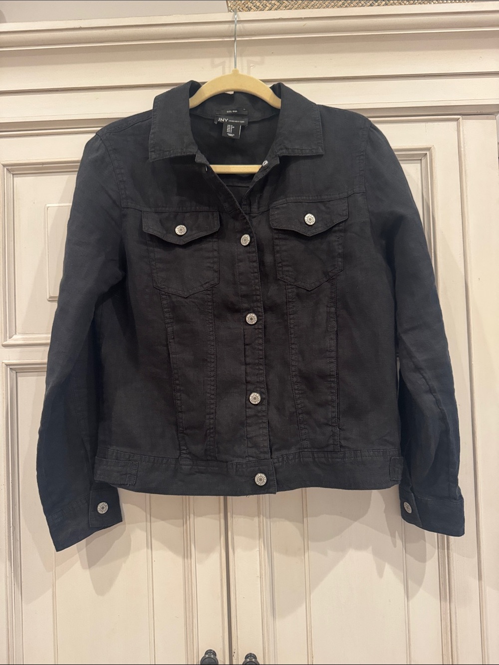 Jones New York Black Linen Jean Jacket with Button Front